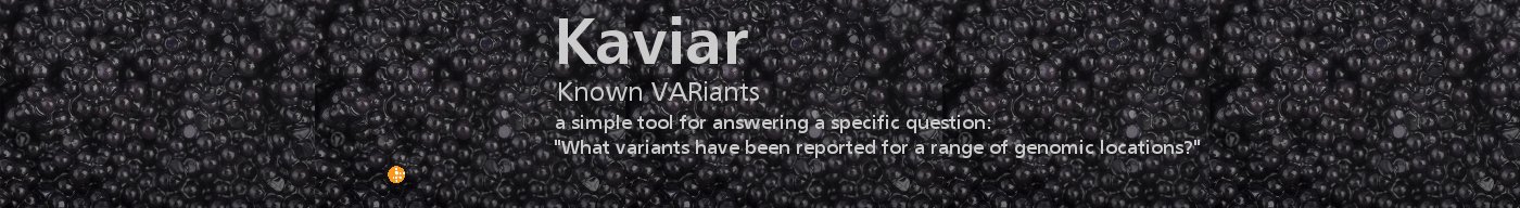 image of black caviar with one orange egg on left side. Text reads 'Kaviar. Known variants search tool. A simple tool for answering a specific question: WHat variants have been reported for a range of genomic locations'.